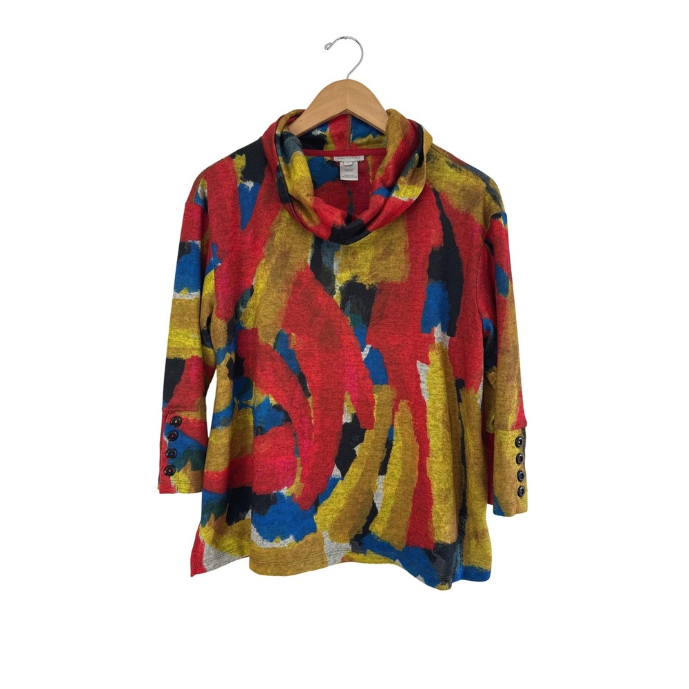Multiples Artsy Knit Tunic Cowl Neck Womens Petite Large Colorful Top Stretch